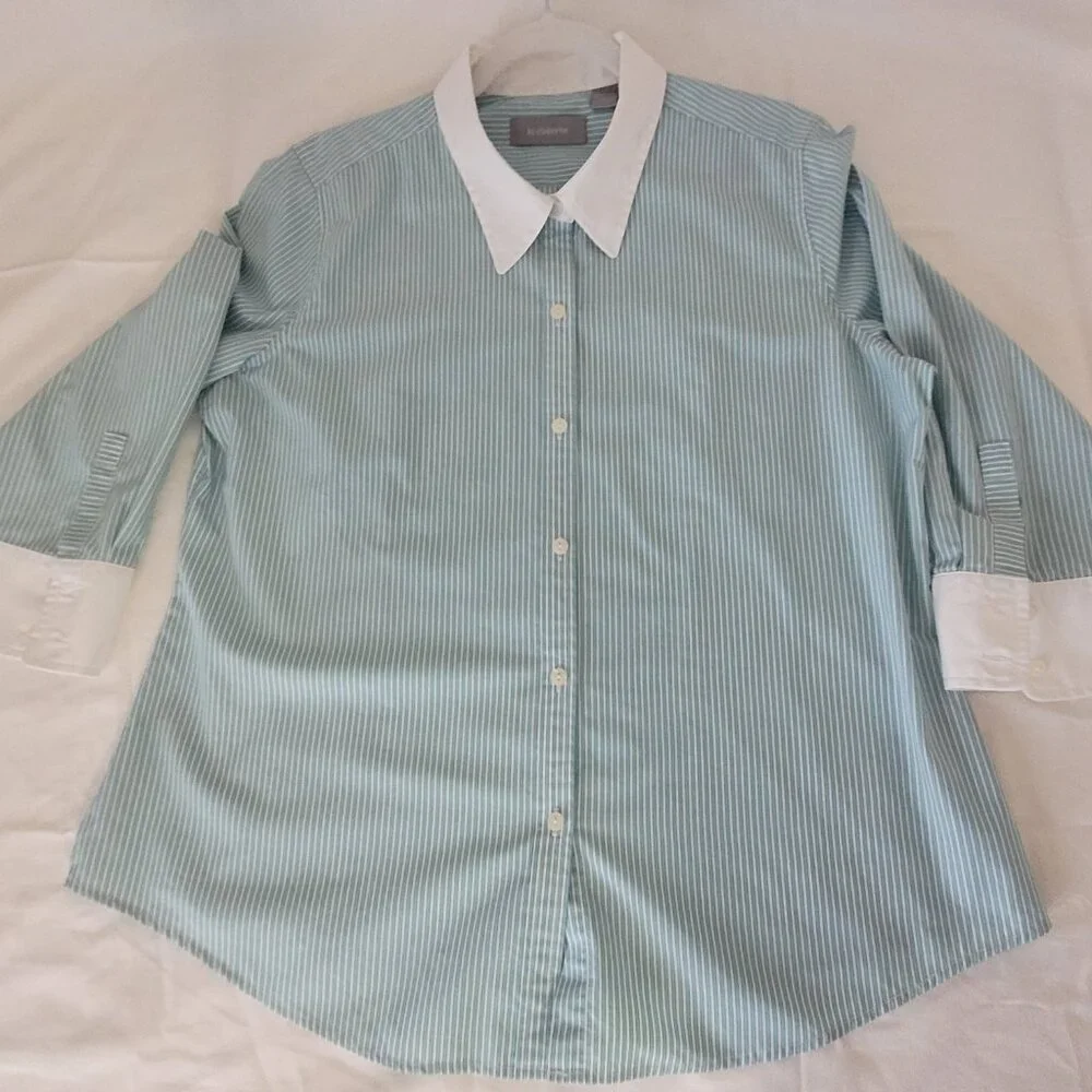 Teal Blue & White Pin Stripe Blouse XL Liz Claiborne - Picture 6 of 16